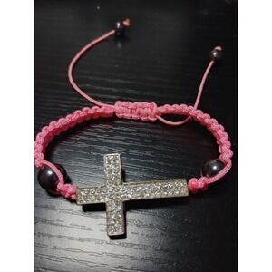 Pink Macrame Adjustable Silver Rhinestone Cross‎ Bracelet